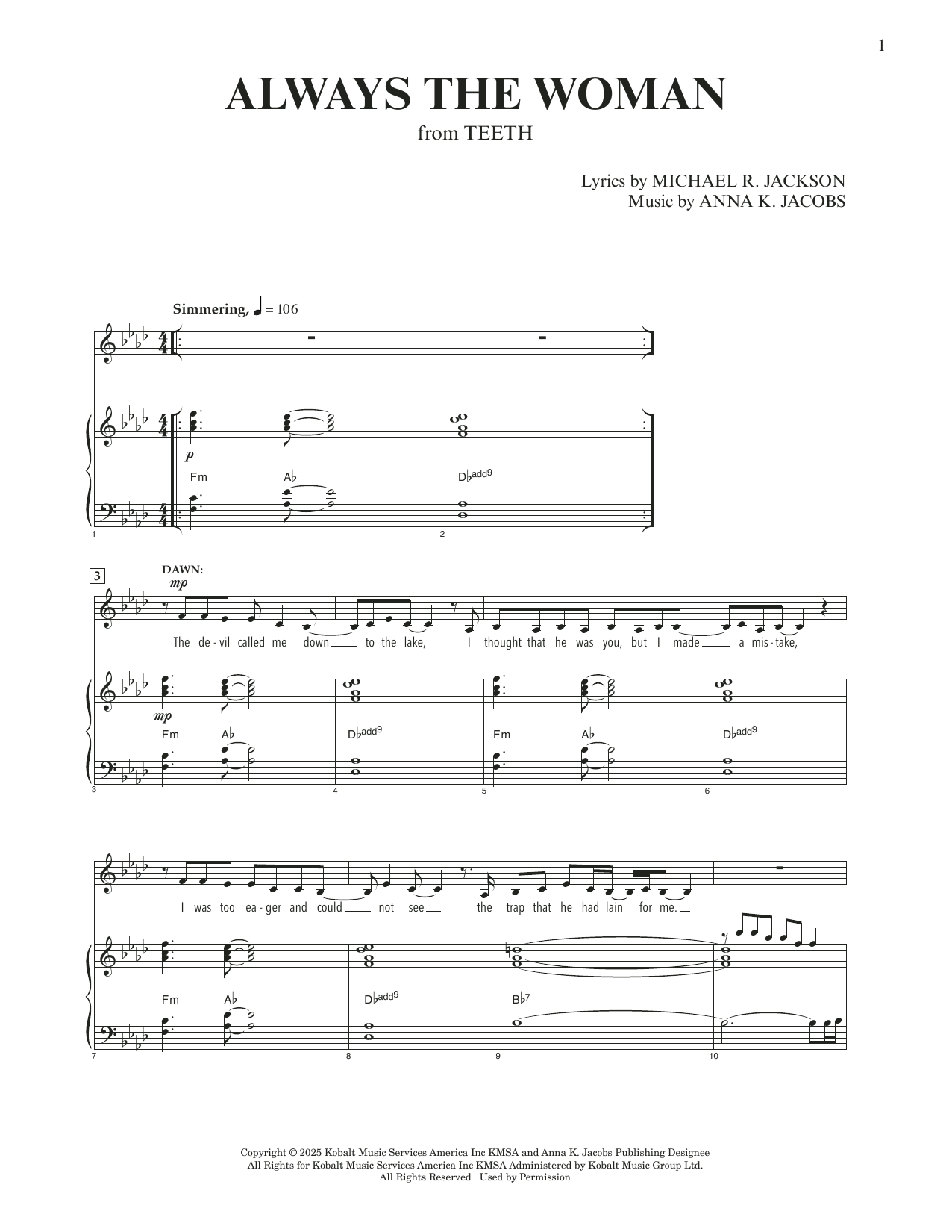 Anna K. Jacobs and Michael R. Jackson Always The Woman (from Teeth) (Original Key) sheet music notes and chords arranged for Piano & Vocal