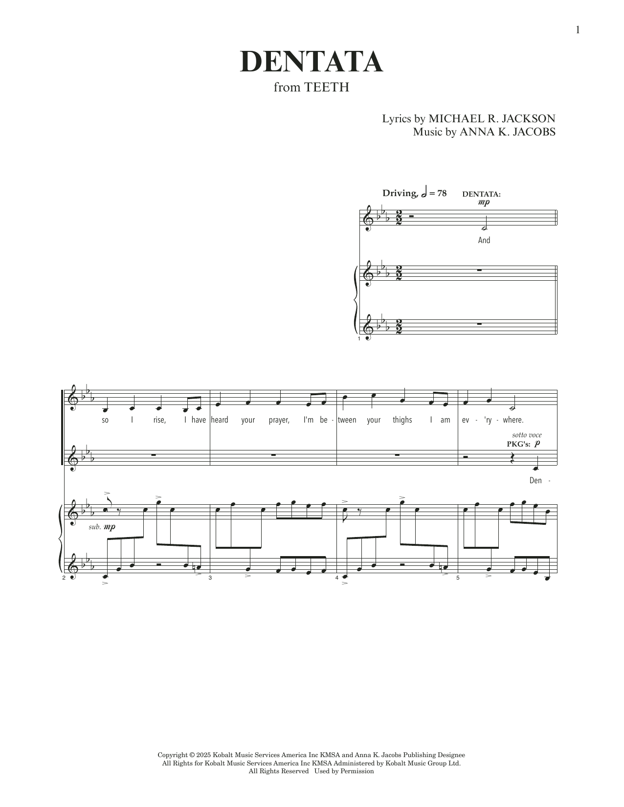 Anna K. Jacobs and Michael R. Jackson Dentata (from Teeth) sheet music notes and chords arranged for Piano & Vocal