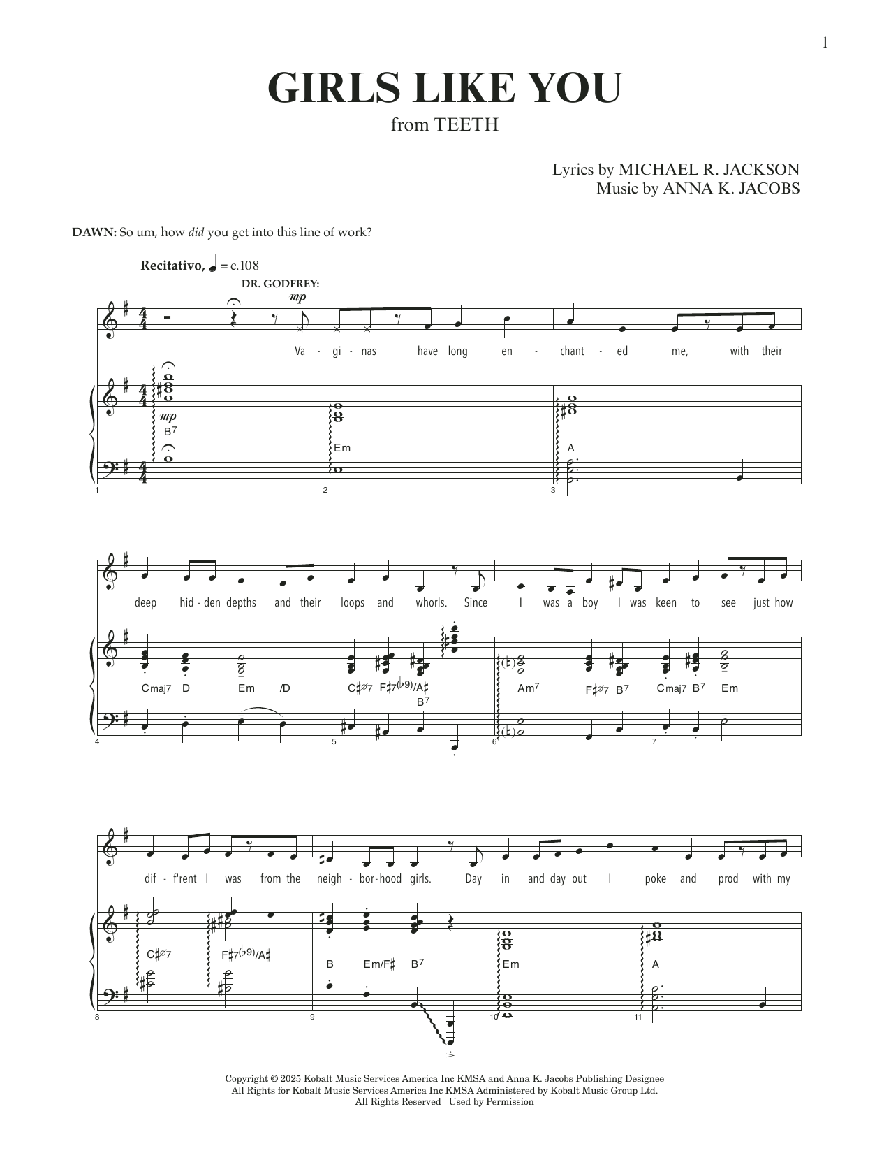 Anna K. Jacobs and Michael R. Jackson Girls Like You (from Teeth) sheet music notes and chords arranged for Piano & Vocal
