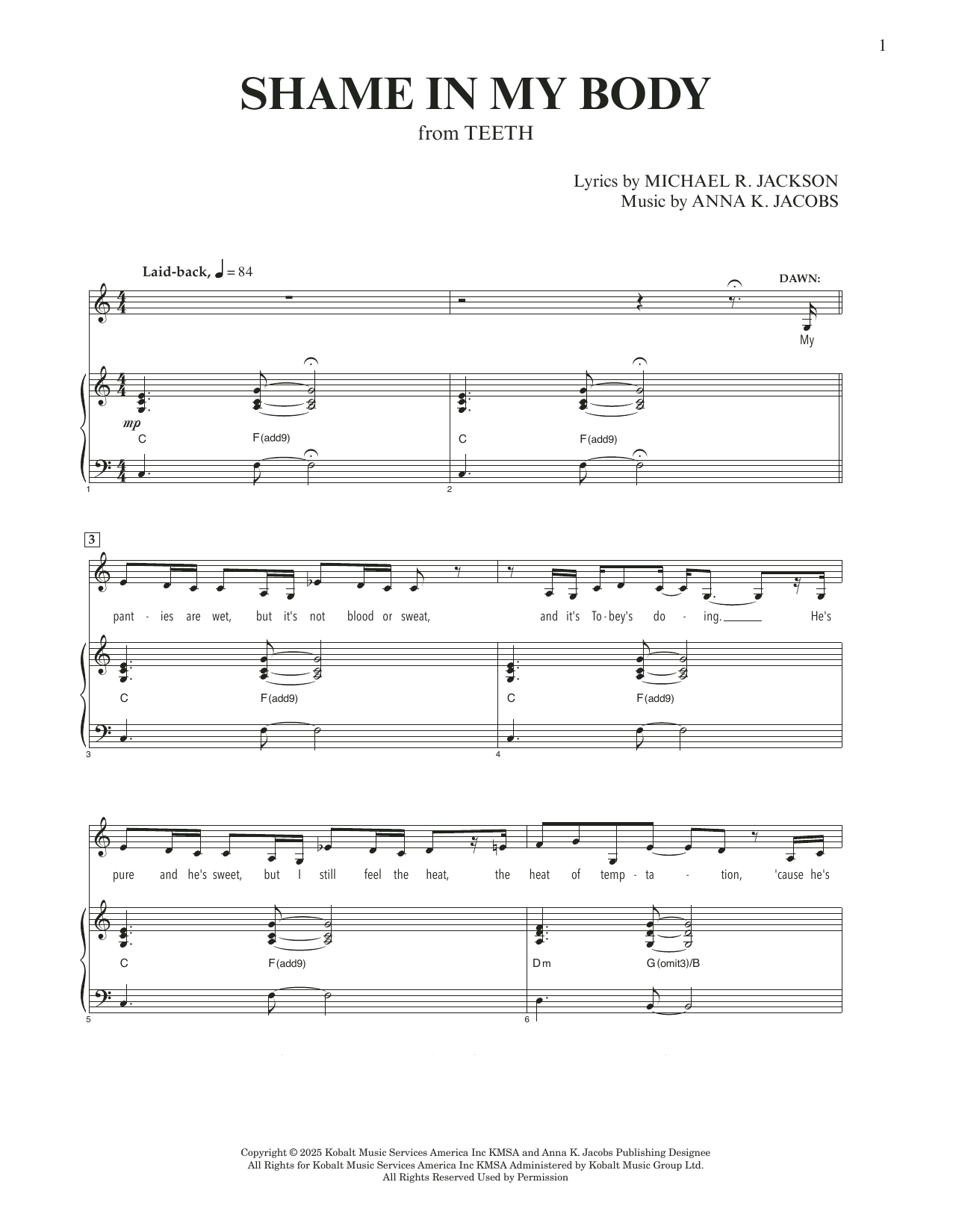 Anna K. Jacobs and Michael R. Jackson Shame In My Body (from Teeth) sheet music notes and chords arranged for Piano & Vocal