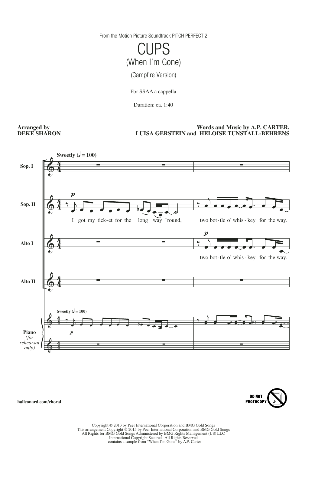 Anna Kendrick Cups (When I'm Gone) (Campfire Version) (from Pitch Perfect 2) (arr. Deke Sharon) sheet music notes and chords arranged for SSA Choir