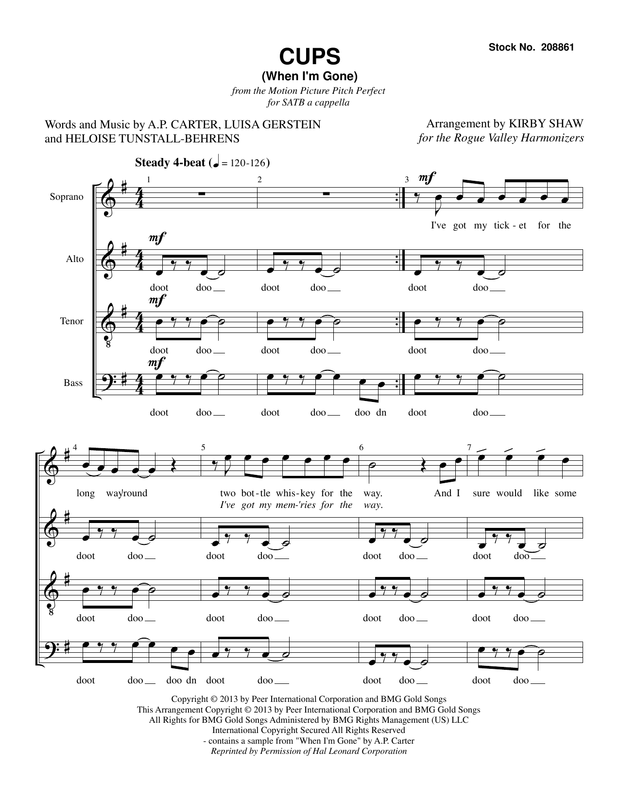 Anna Kendrick Cups (When I'm Gone) (from Pitch Perfect) (arr. Kirby Shaw) sheet music notes and chords arranged for SSAA Choir