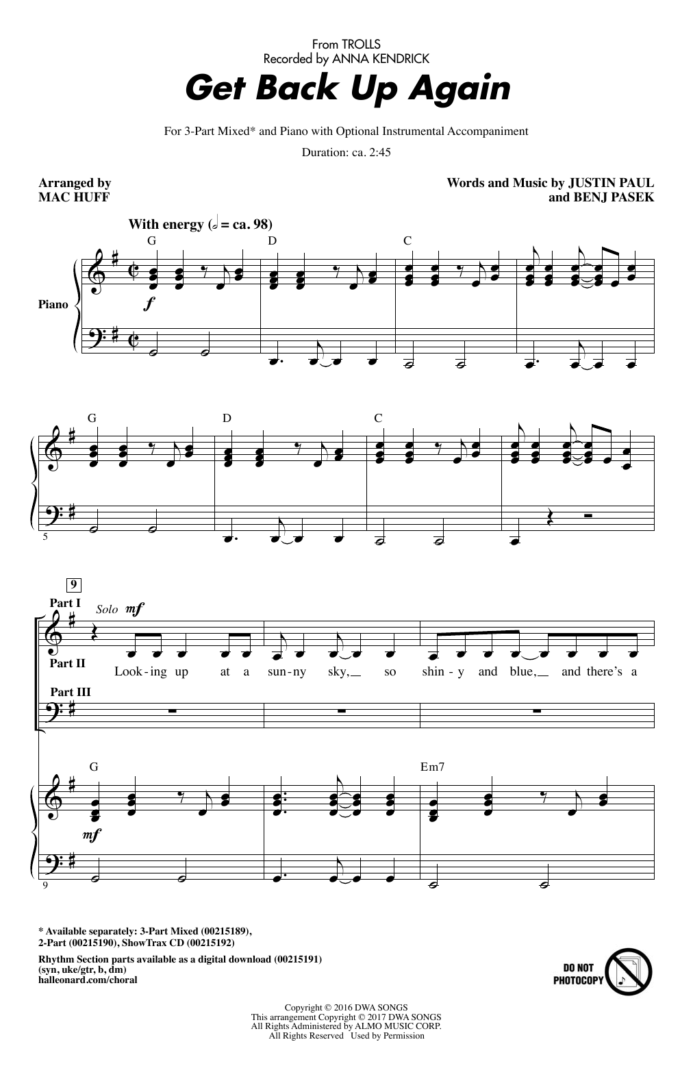 Anna Kendrick Get Back Up Again (from Trolls) (arr. Mac Huff) sheet music notes and chords arranged for 3-Part Mixed Choir