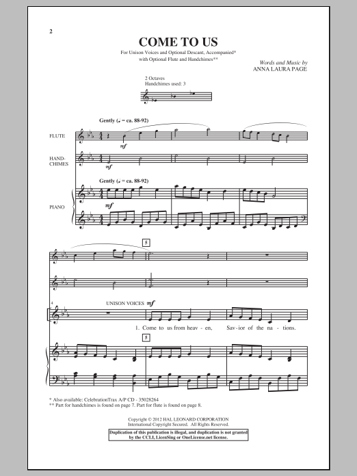 Anna Laura Page Come To Us sheet music notes and chords arranged for 2-Part Choir