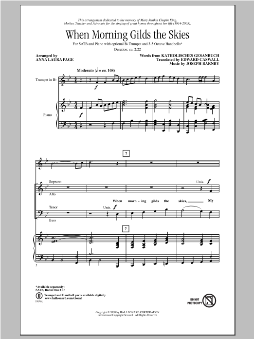 Anna Laura Page When Morning Gilds The Skies sheet music notes and chords arranged for SATB Choir