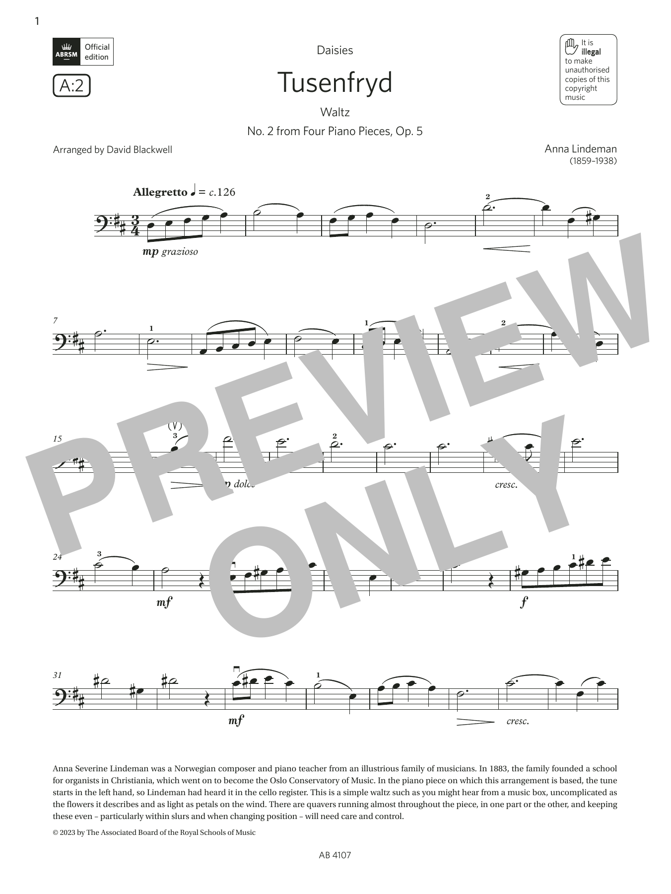 Anna Lindeman Tusenfryd (Grade 4, A2, from the ABRSM Cello Syllabus from 2024) sheet music notes and chords arranged for Cello Solo