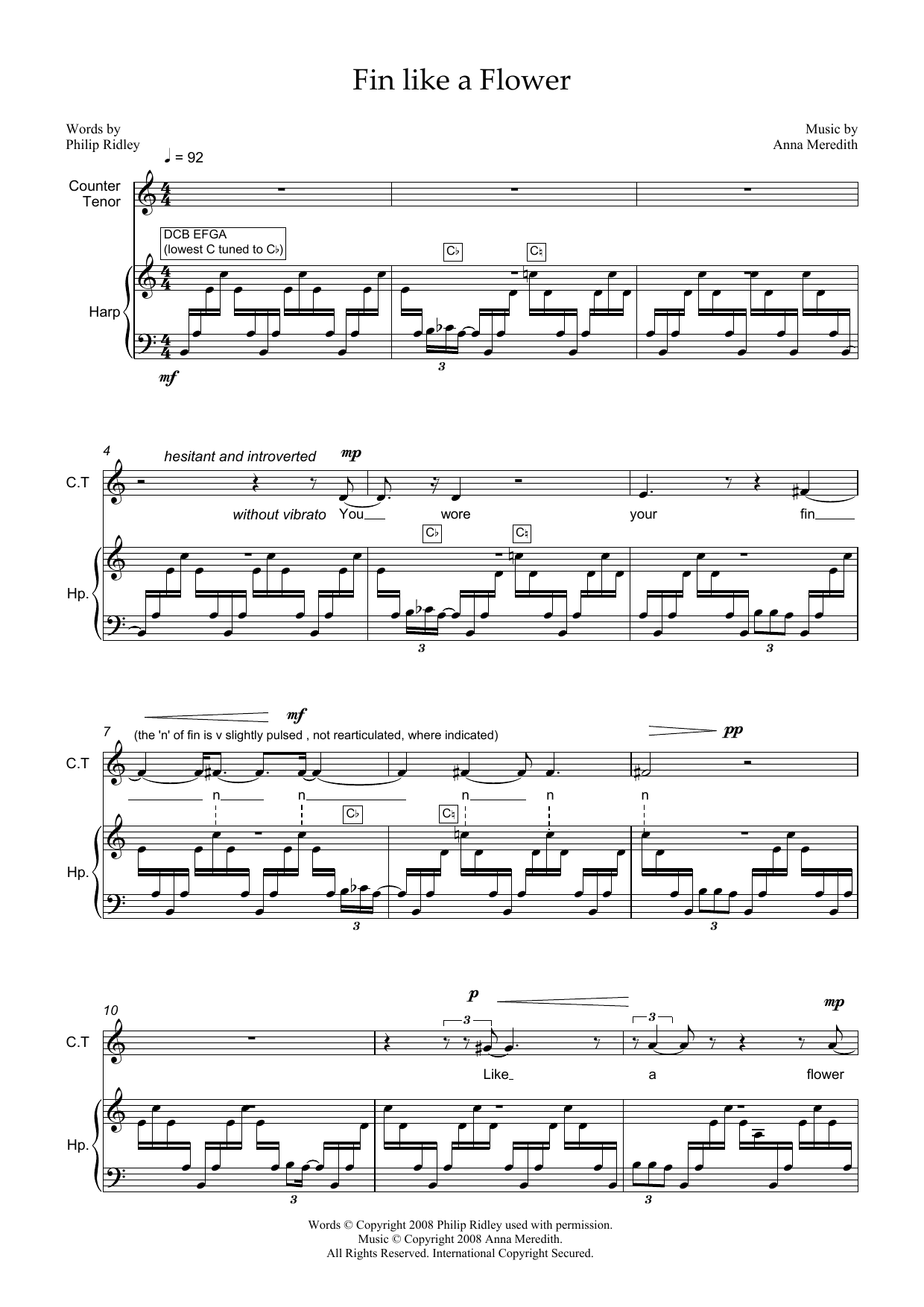 Anna Meredith Fin like a Flower (for counter-tenor and harp) sheet music notes and chords arranged for Piano & Vocal