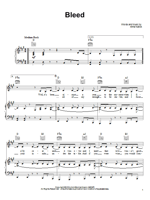 Anna Nalick Bleed sheet music notes and chords arranged for Piano, Vocal & Guitar Chords (Right-Hand Melody)