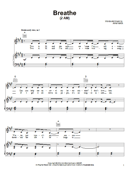 Anna Nalick Breathe (2 AM) sheet music notes and chords arranged for Easy Piano