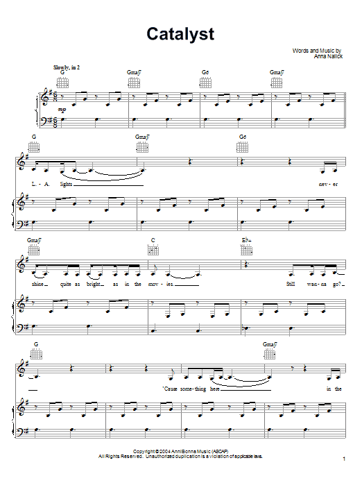 Anna Nalick Catalyst sheet music notes and chords arranged for Piano, Vocal & Guitar Chords (Right-Hand Melody)