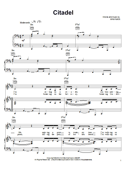 Anna Nalick Citadel sheet music notes and chords arranged for Piano, Vocal & Guitar Chords (Right-Hand Melody)