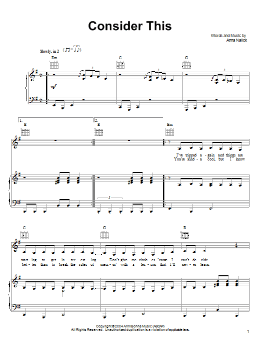 Anna Nalick Consider This sheet music notes and chords arranged for Piano, Vocal & Guitar Chords (Right-Hand Melody)