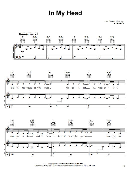 Anna Nalick In My Head sheet music notes and chords arranged for Piano, Vocal & Guitar Chords (Right-Hand Melody)