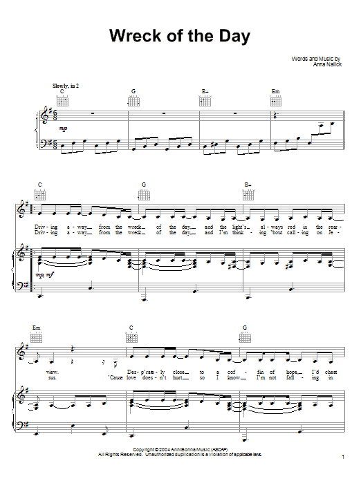 Anna Nalick Wreck of the Day sheet music notes and chords arranged for Piano, Vocal & Guitar Chords (Right-Hand Melody)