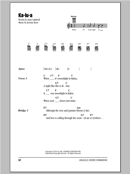 Anne Caldwell Ka-lu-a sheet music notes and chords arranged for Piano, Vocal & Guitar Chords (Right-Hand Melody)