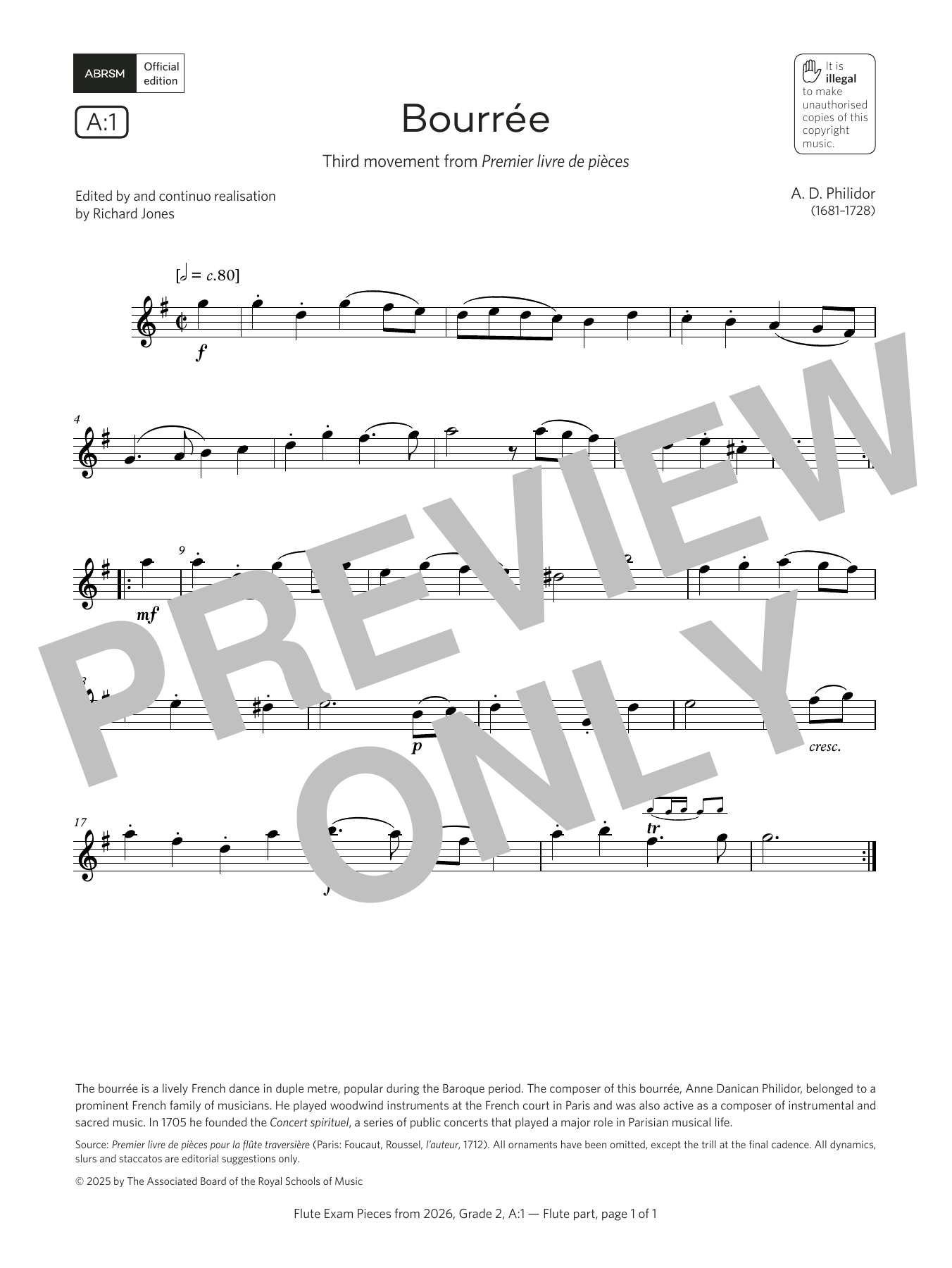Anne Danican Philidor Bourrée (Grade 2, list A1, from the ABRSM Flute Syllabus from 2026) sheet music notes and chords arranged for Flute Solo