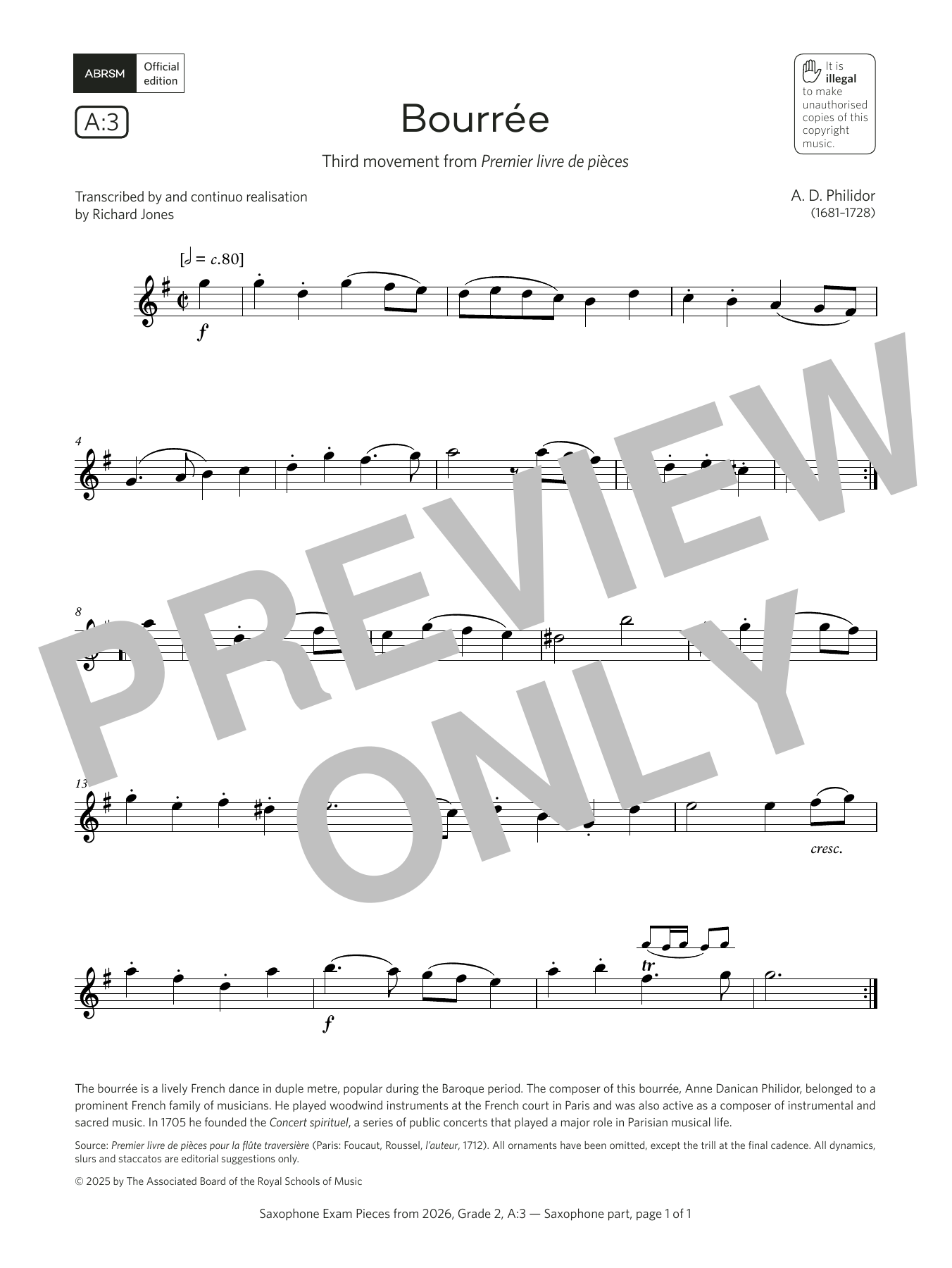 Anne Danican Philidor Bourrée (Grade 2, list A3, from the ABRSM Saxophone Syllabus from 2026) sheet music notes and chords arranged for Alto Sax Solo