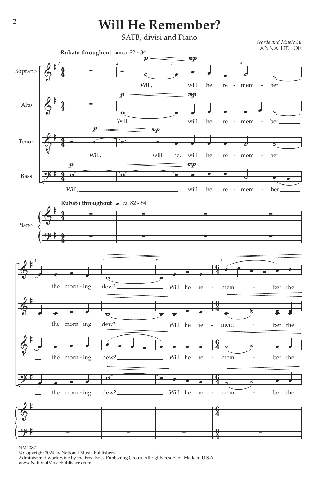 Anne De Foe Will He Remember sheet music notes and chords arranged for SATB Choir