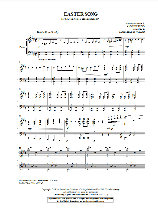 Anne Herring Easter Song sheet music notes and chords arranged for Piano, Vocal & Guitar Chords