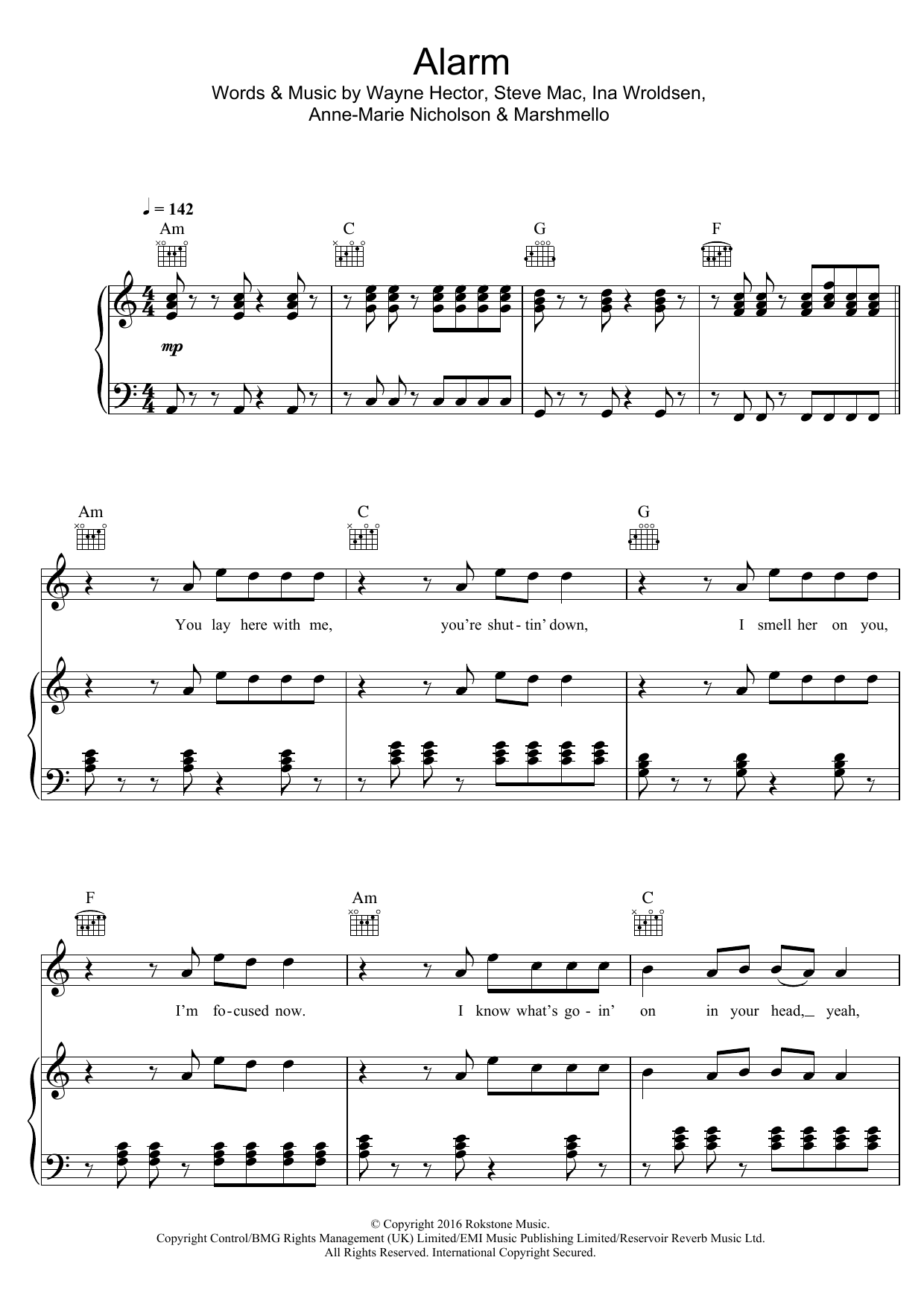 Anne-Marie Alarm sheet music notes and chords arranged for Piano, Vocal & Guitar Chords (Right-Hand Melody)