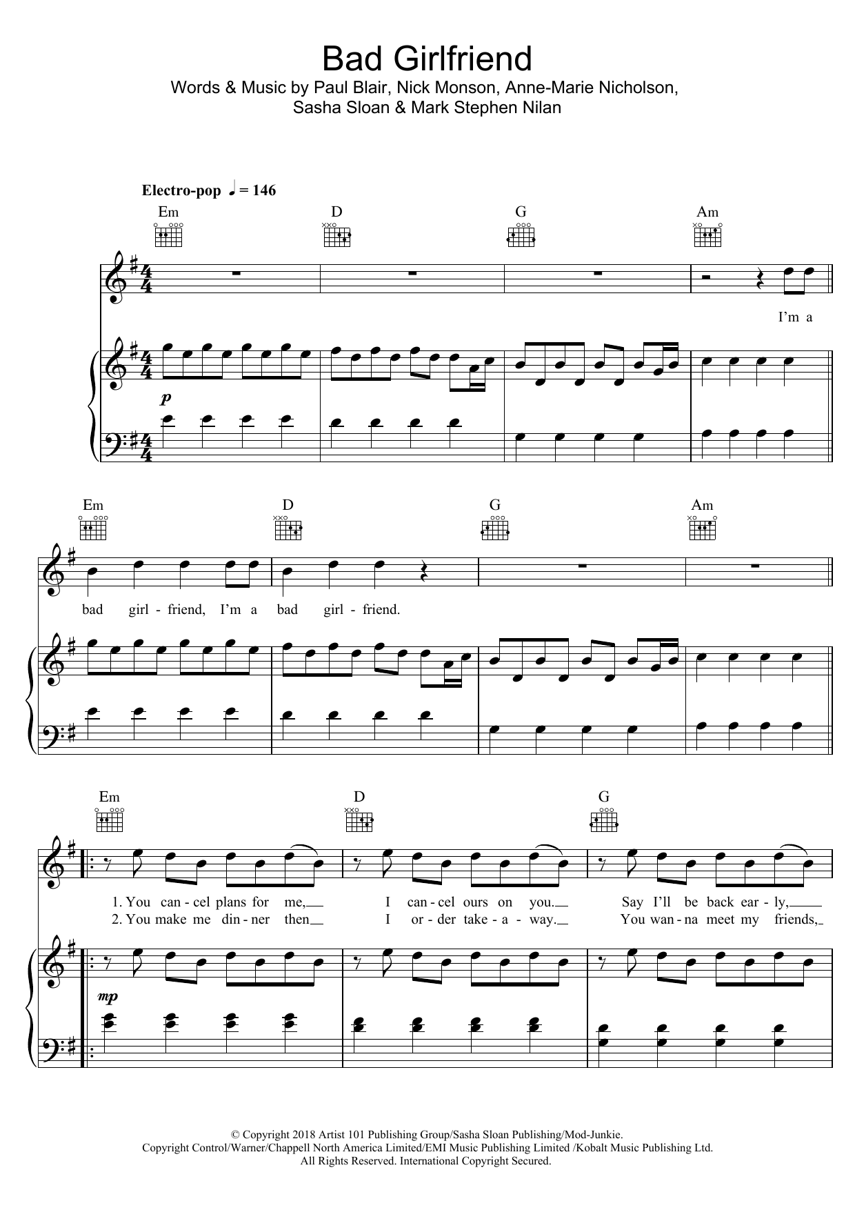 Anne-Marie Bad Girlfriend sheet music notes and chords arranged for Piano, Vocal & Guitar Chords