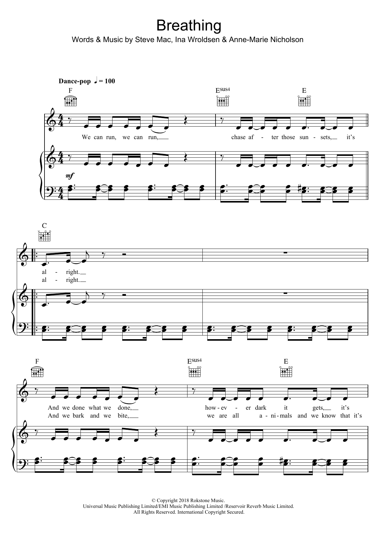Anne-Marie Breathing Fire sheet music notes and chords arranged for Piano, Vocal & Guitar Chords