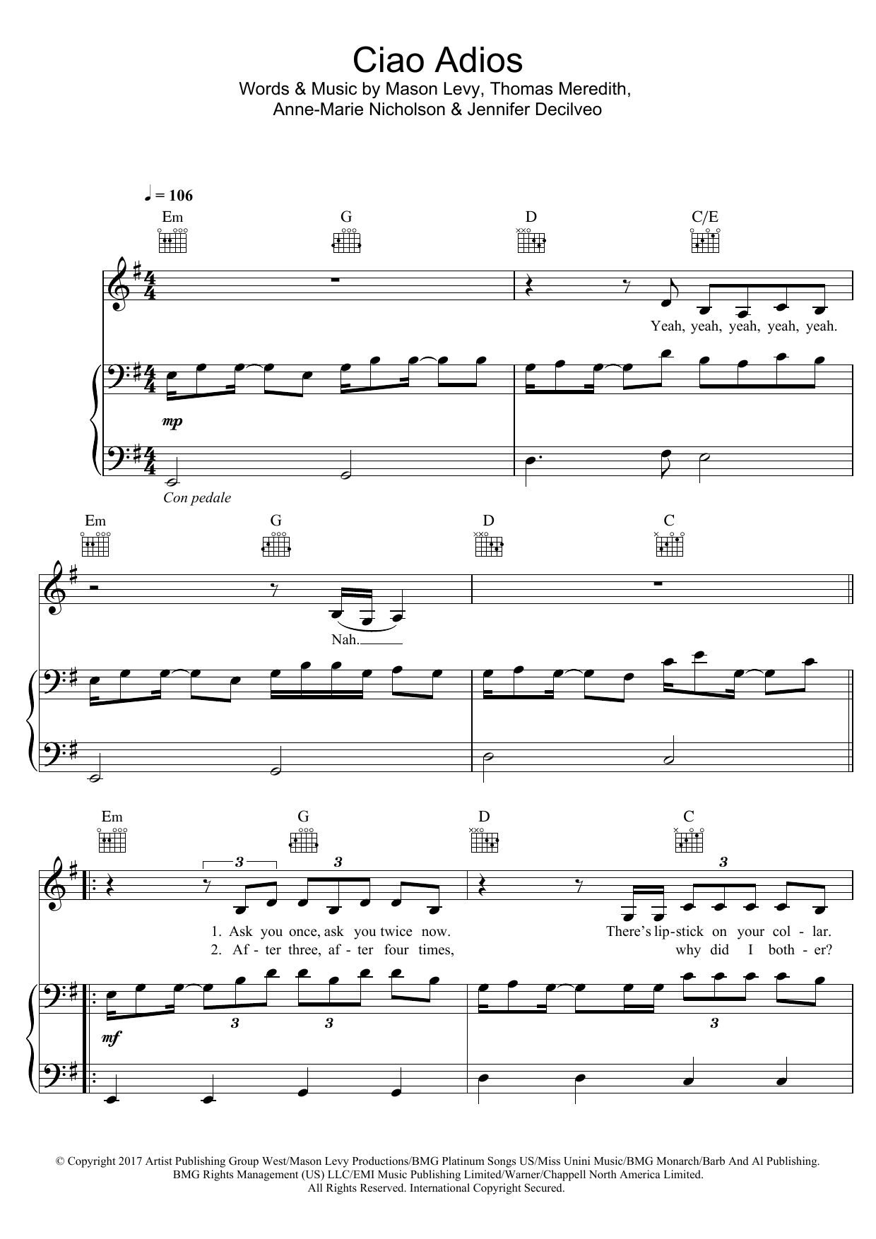 Anne-Marie Ciao Adios sheet music notes and chords arranged for Piano, Vocal & Guitar Chords (Right-Hand Melody)