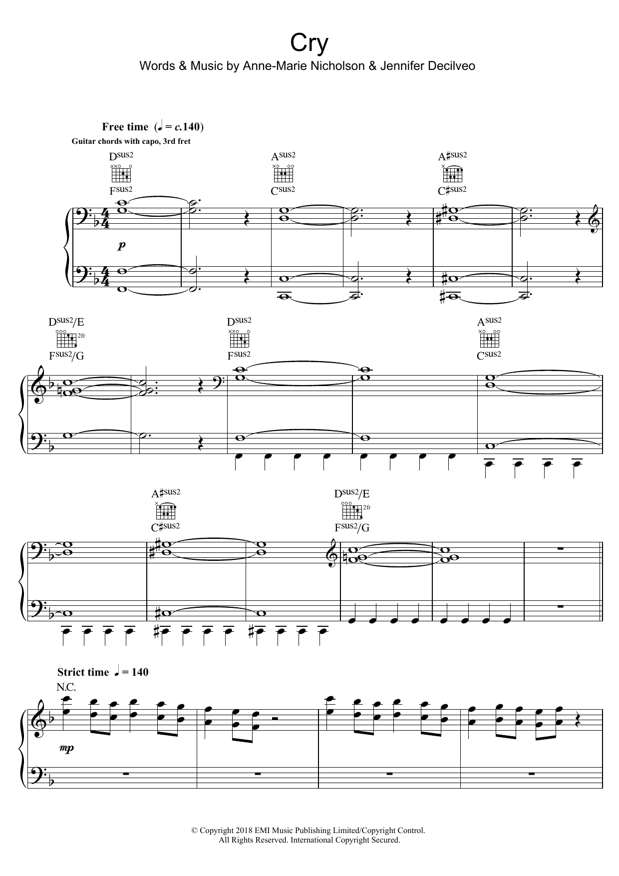 Anne-Marie Cry sheet music notes and chords arranged for Piano, Vocal & Guitar Chords
