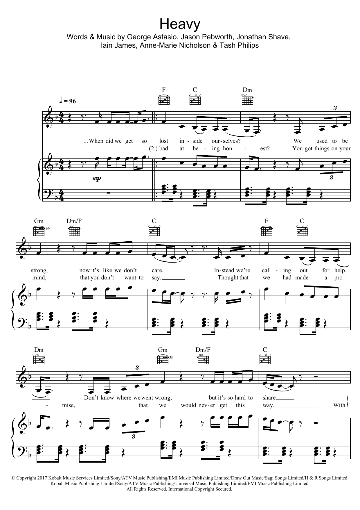 Anne-Marie Heavy sheet music notes and chords arranged for Piano, Vocal & Guitar Chords