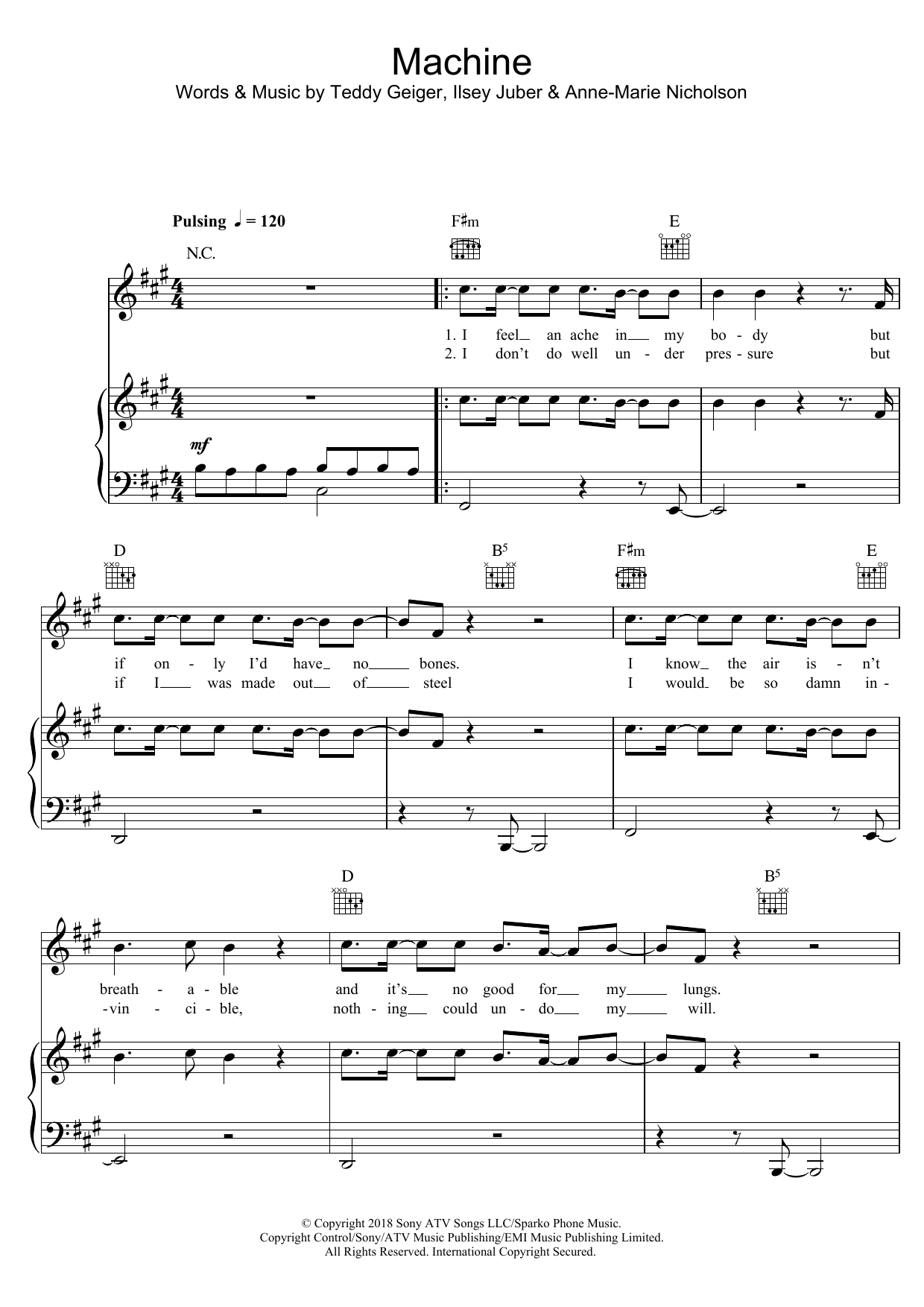 Anne-Marie Machine sheet music notes and chords arranged for Piano, Vocal & Guitar Chords