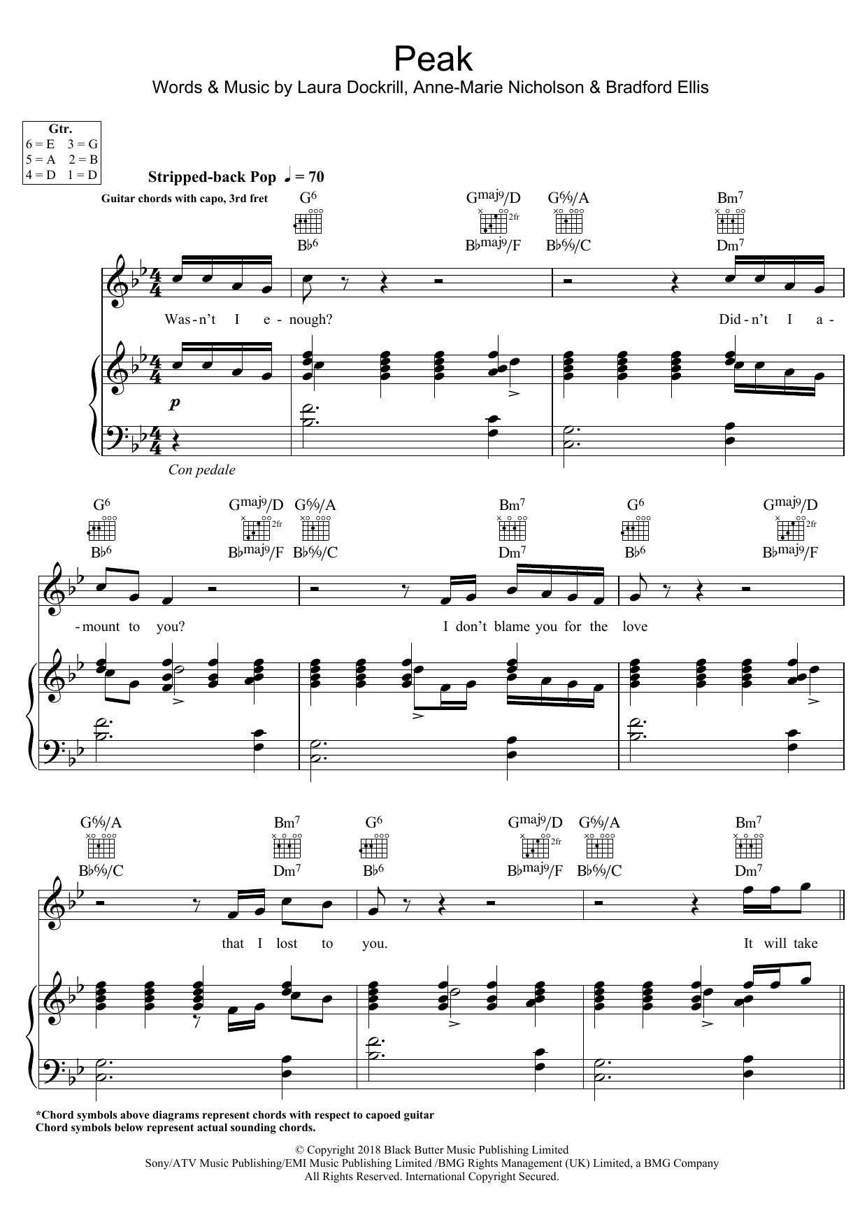 Anne-Marie Peak sheet music notes and chords arranged for Piano, Vocal & Guitar Chords