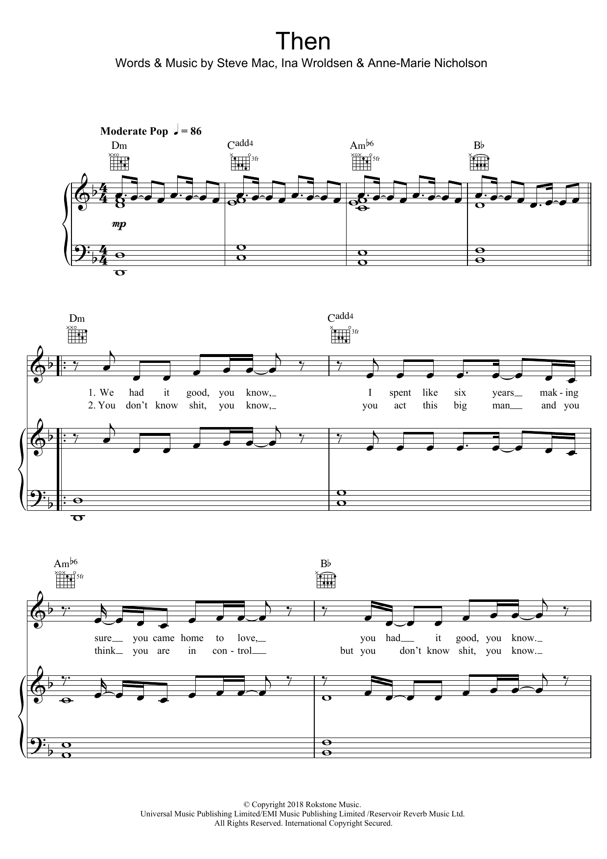 Anne-Marie Then sheet music notes and chords arranged for Piano, Vocal & Guitar Chords