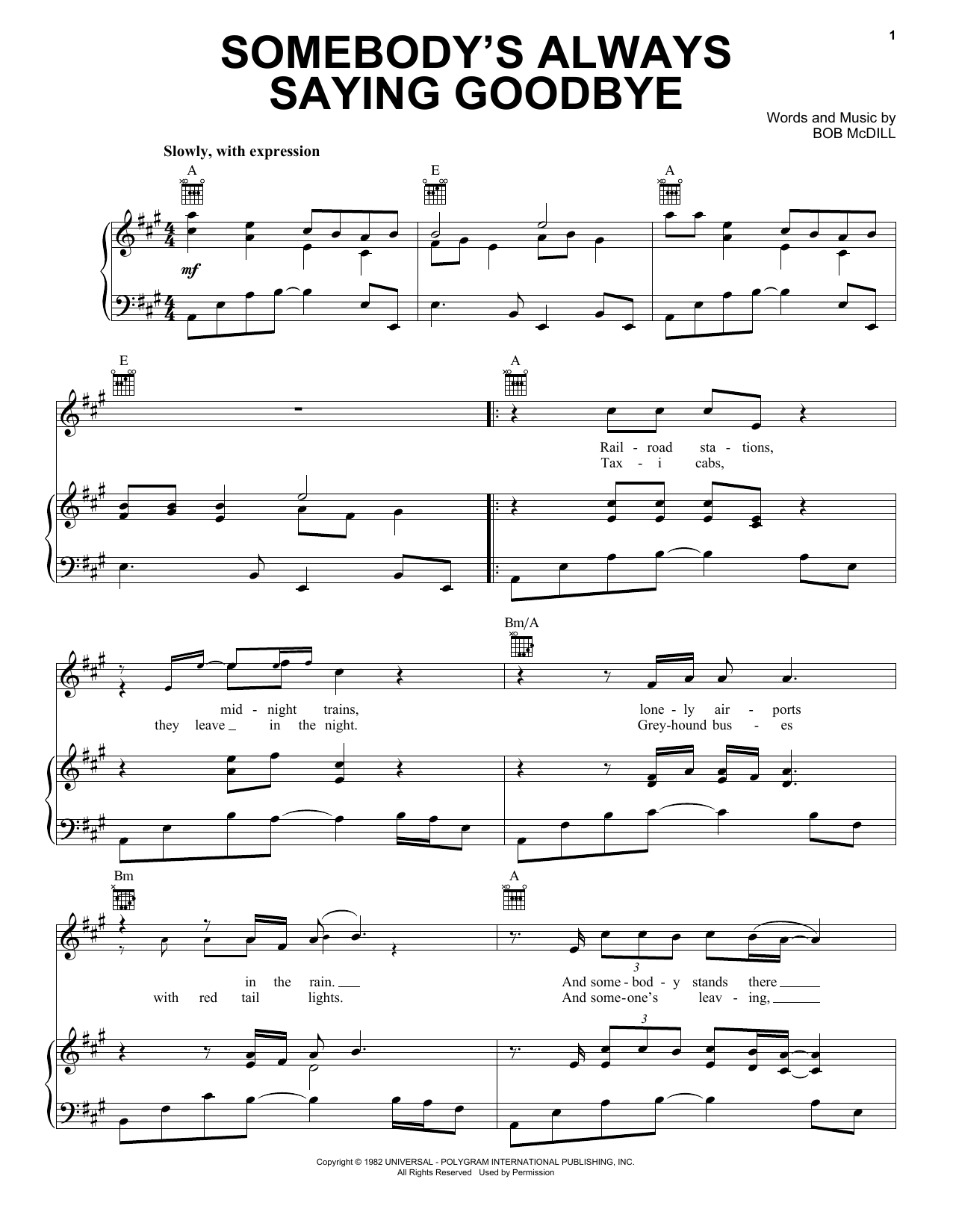 Anne Murray Somebody's Always Saying Goodbye sheet music notes and chords arranged for Piano, Vocal & Guitar Chords (Right-Hand Melody)