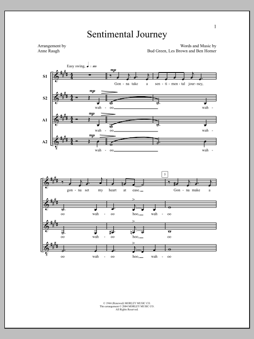 Anne Raugh Sentimental Journey sheet music notes and chords arranged for SSAA Choir