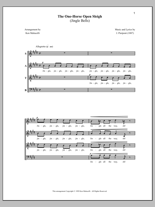 Anne Raugh The One-Horse Open Sleigh (Jingle Bells) sheet music notes and chords arranged for SATB Choir