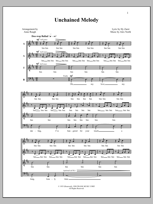 Anne Raugh Unchained Melody sheet music notes and chords arranged for SATB Choir