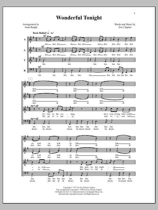 Anne Raugh Wonderful Tonight sheet music notes and chords arranged for SATB Choir