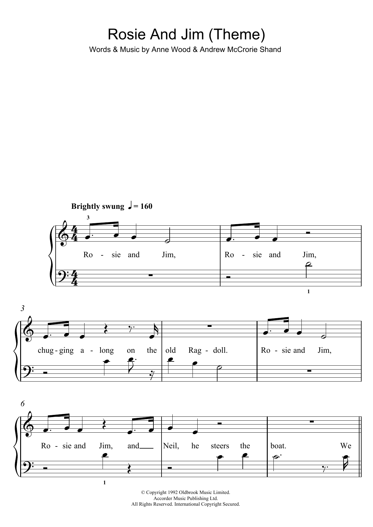 Anne Wood Rosie And Jim (Theme) sheet music notes and chords arranged for 5-Finger Piano