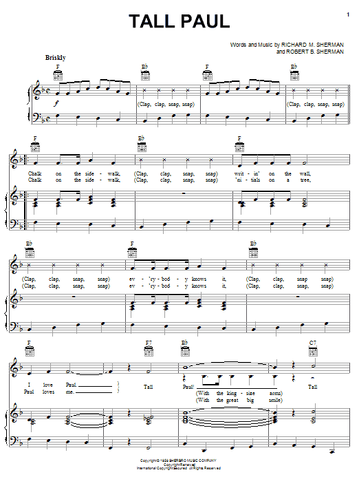 Annette Funicello Tall Paul sheet music notes and chords arranged for Piano, Vocal & Guitar Chords (Right-Hand Melody)