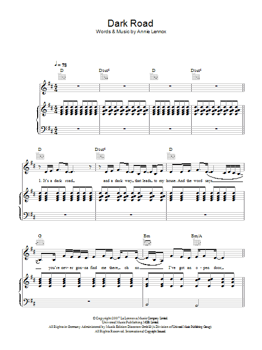 Annie Lennox Dark Road sheet music notes and chords arranged for Piano, Vocal & Guitar Chords