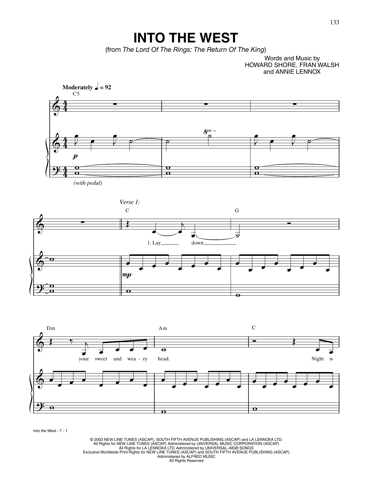 Annie Lennox Into The West (from Lord Of The Rings: The Return Of The King) sheet music notes and chords arranged for Piano & Vocal