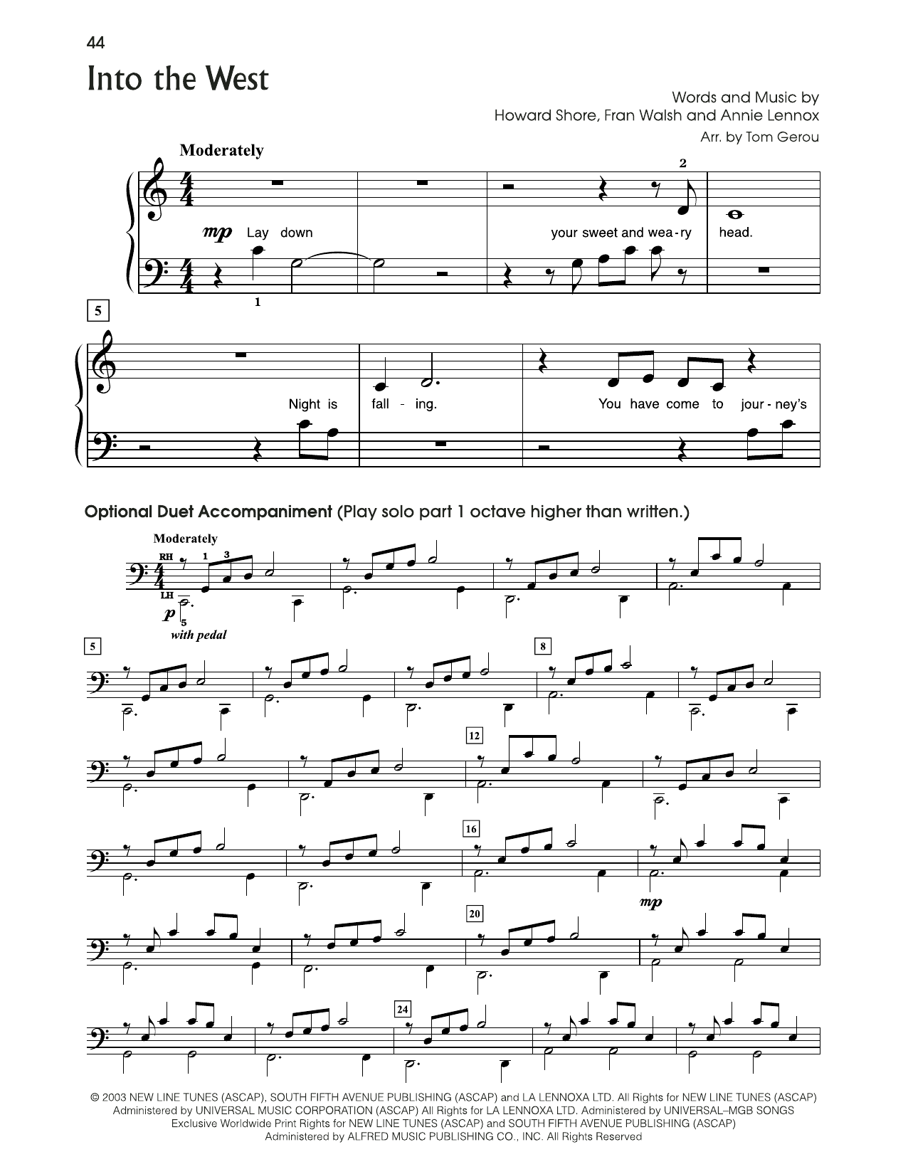 Annie Lennox Into The West (from The Lord Of The Rings) (arr. Tom Gerou) sheet music notes and chords arranged for 5-Finger Piano
