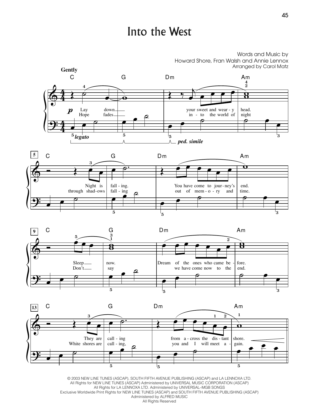 Annie Lennox Into The West (from The Lord Of The Rings: The Return Of The King) (arr. Carol Matz) sheet music notes and chords arranged for Big Note Piano
