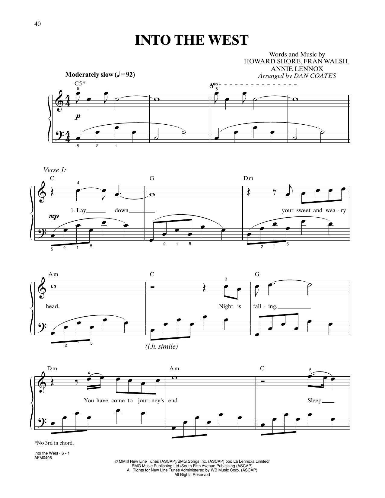 Annie Lennox Into The West (from The Lord Of The Rings: The Return Of The King) (arr. Dan Coates) sheet music notes and chords arranged for Easy Piano