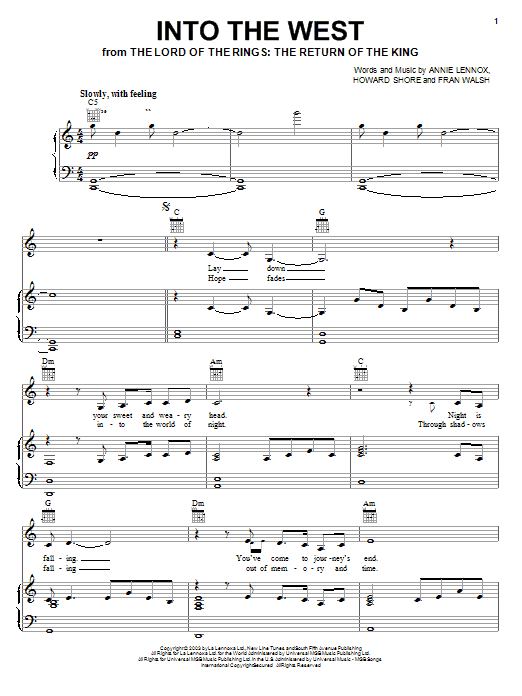 Annie Lennox Into The West sheet music notes and chords arranged for Piano, Vocal & Guitar Chords
