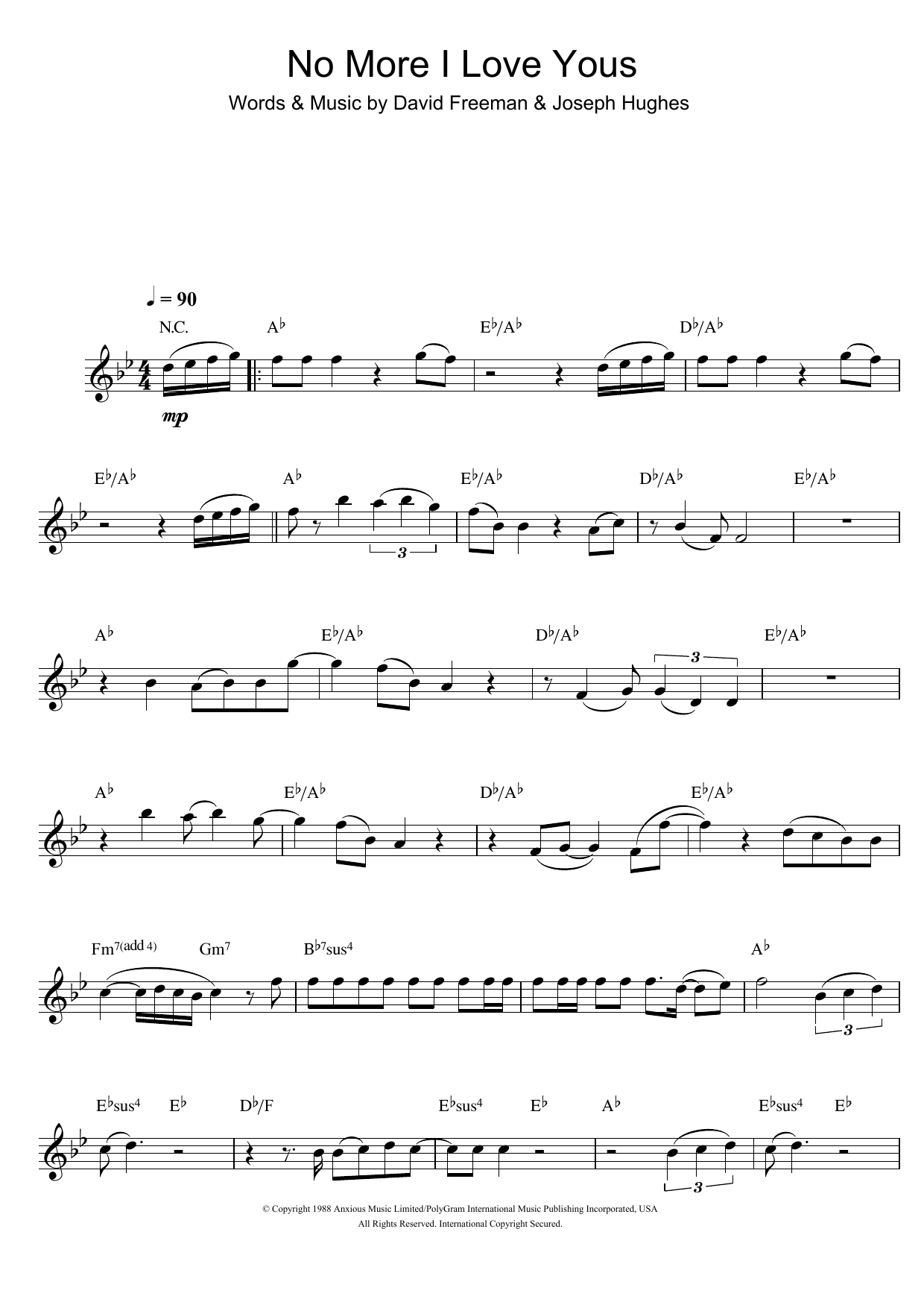 Annie Lennox No More I Love Yous sheet music notes and chords arranged for Flute Solo