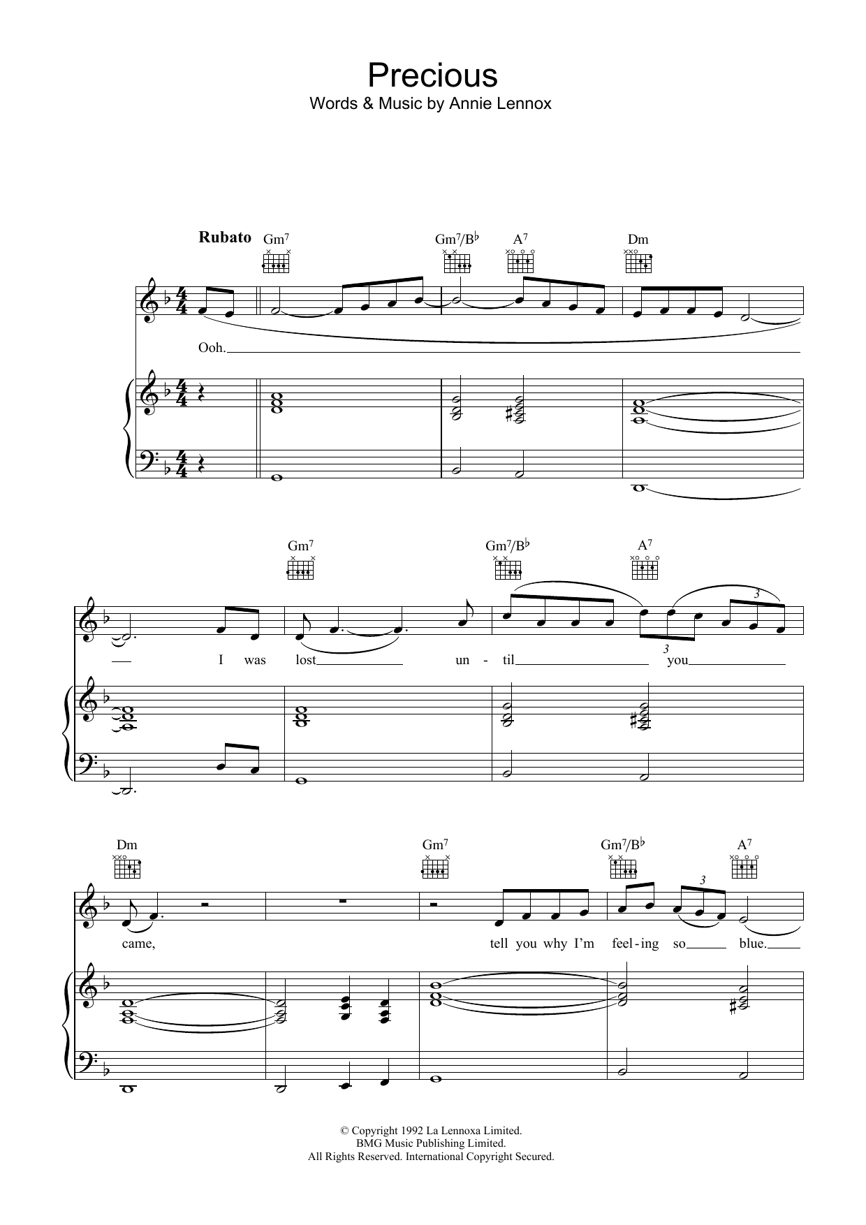 Annie Lennox Precious sheet music notes and chords arranged for Piano, Vocal & Guitar Chords