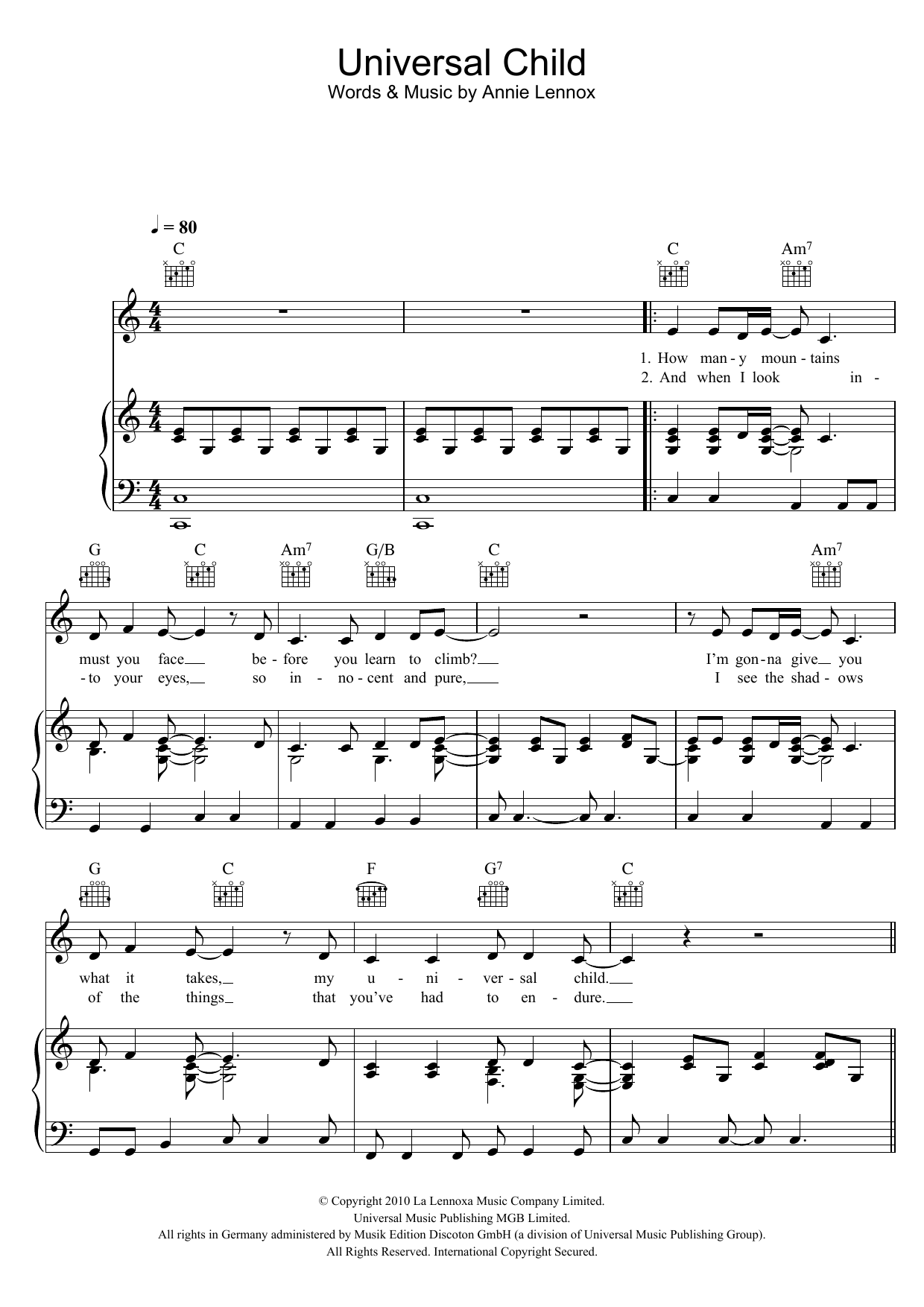 Annie Lennox Universal Child sheet music notes and chords arranged for Piano, Vocal & Guitar Chords