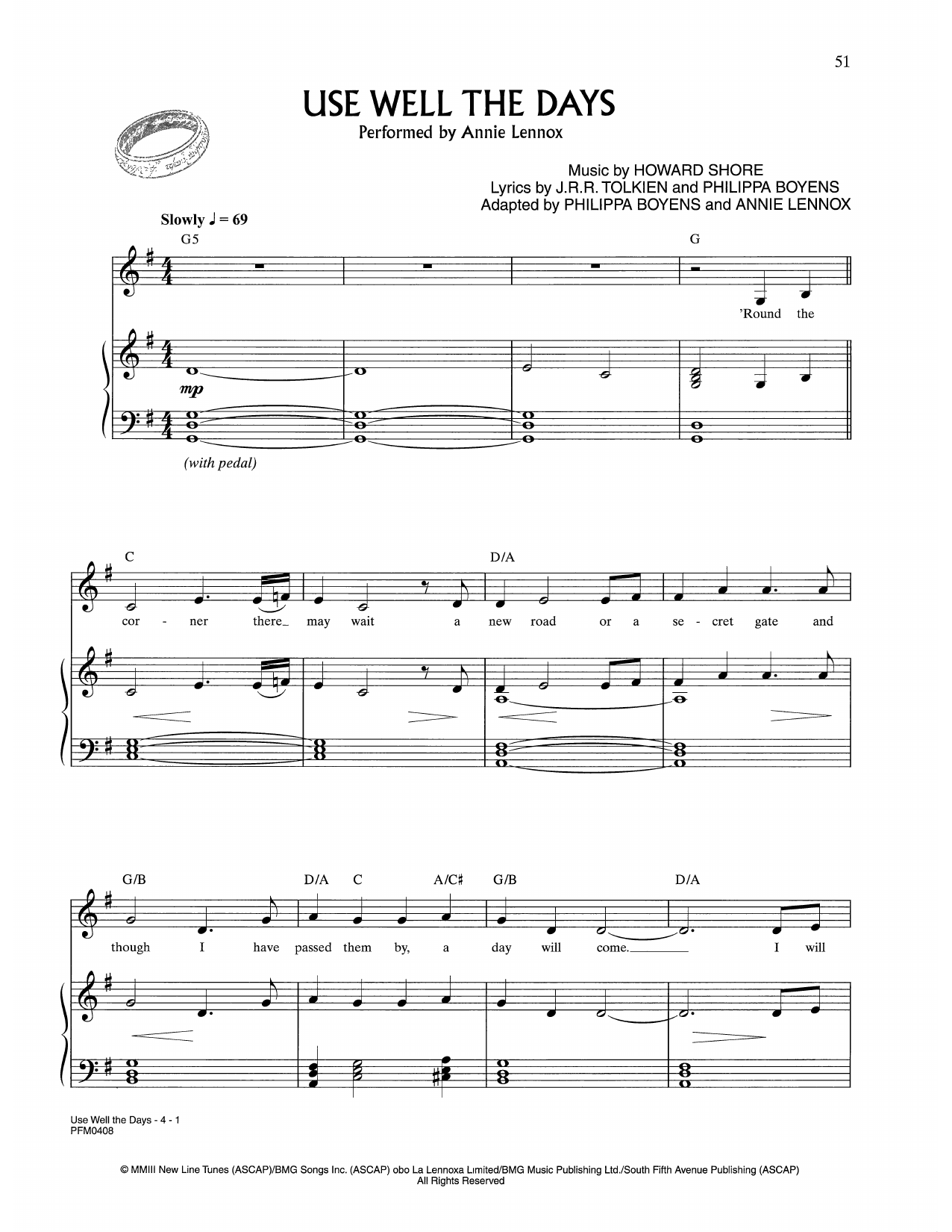 Annie Lennox Use Well The Days (from Lord Of The Rings) sheet music notes and chords arranged for Piano & Vocal