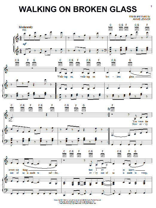 Annie Lennox Walking On Broken Glass sheet music notes and chords arranged for Piano, Vocal & Guitar Chords (Right-Hand Melody)
